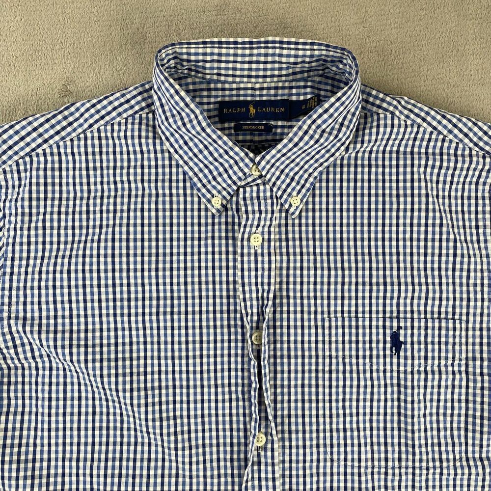 Polo Ralph Lauren Shirt Men XL Blue Seersucker Pony Short Sleeve Preppy Office